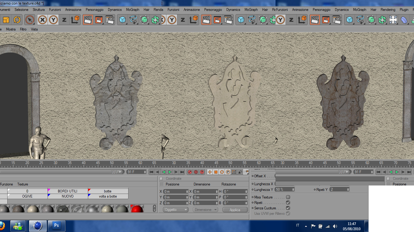 Cinema4D: scelta dei materiali che, in assenza di fonti ducumentate, ricade su noi